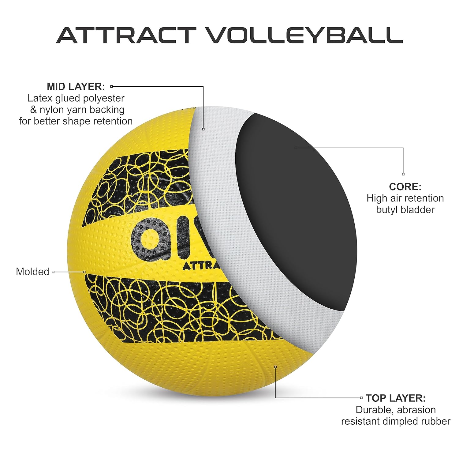 AIVIN Attract Volleyball, Volleyball Games, Match Ball, Training Ball, Indoor, Outdoor Ball, Durable for Practice, Water Resistant and Suitable for All Surface, (Yellow) Size-4