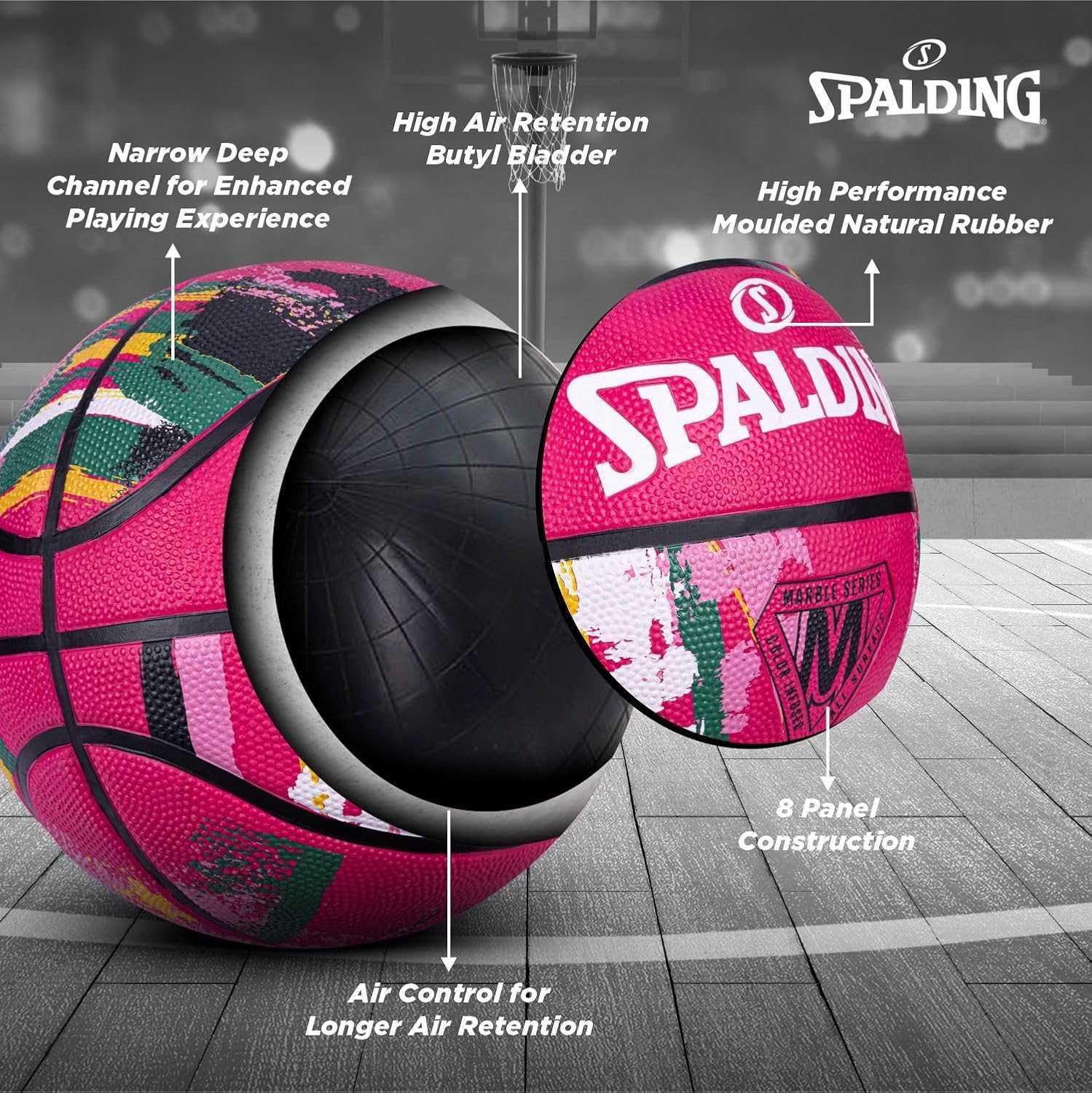 Spalding 8 Panel Marble Rubber Moulded Indoor/Outdoor Basketball with Butyl Bladder, Black, Size: 7 (Suitable for Practice/Match/Training) + Free Air Needle
