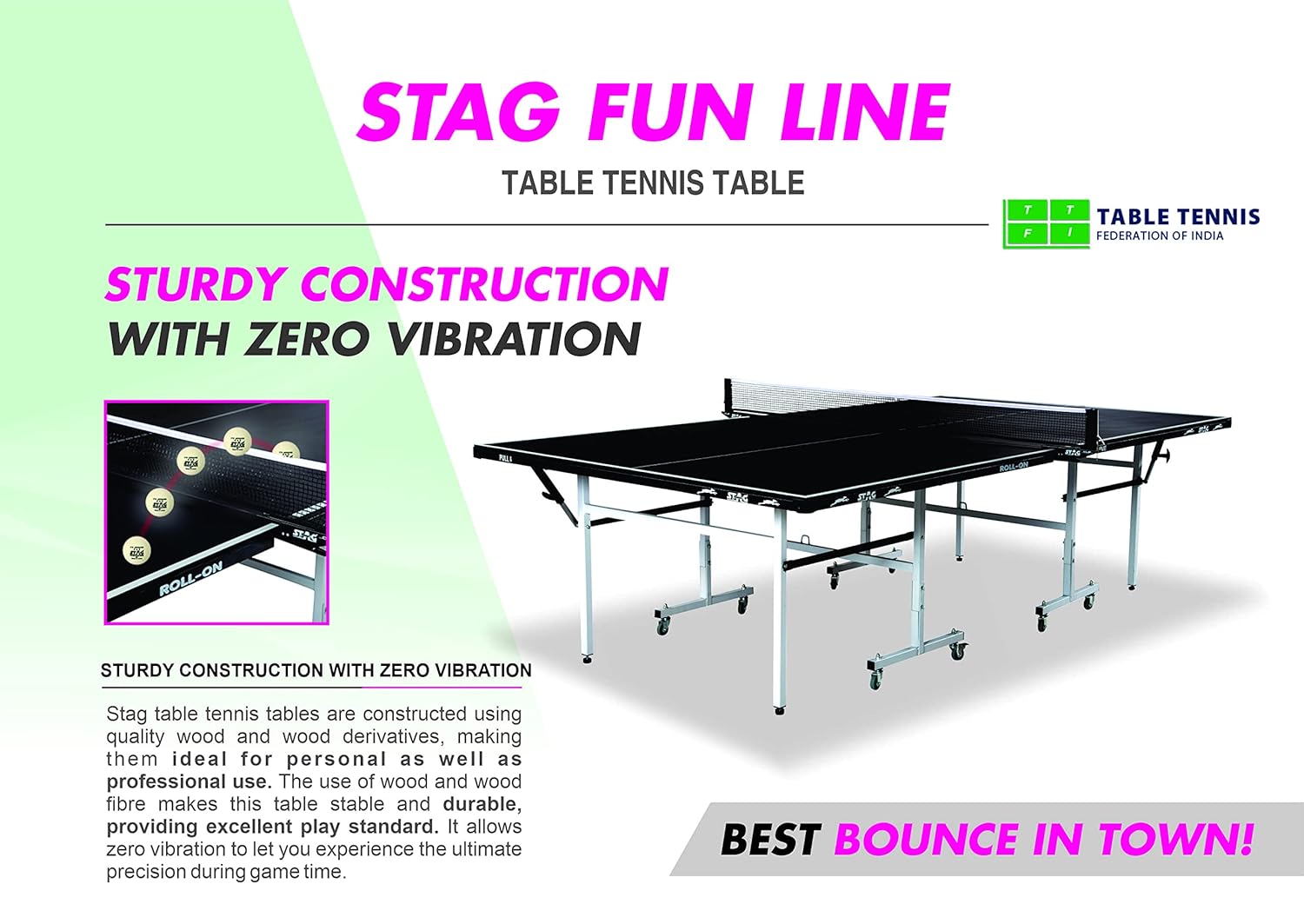 STAG GLOBAL  Fun Line Professional Table Tennis (T.T) Table – 15mm Black Table With 2 TT Rackets, 6 Balls, 1 Table Cover & Clamp Net
