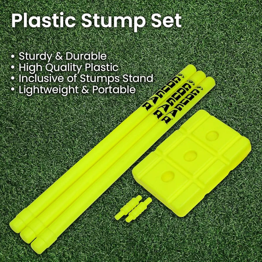 COUGAR Plastic Cricket Stumps Set - 3 Stumps 2 Bails 1 Stand  Cricket Standard Wickets for Cricket Ground, Match, Tournament Stump with Stand & Bails