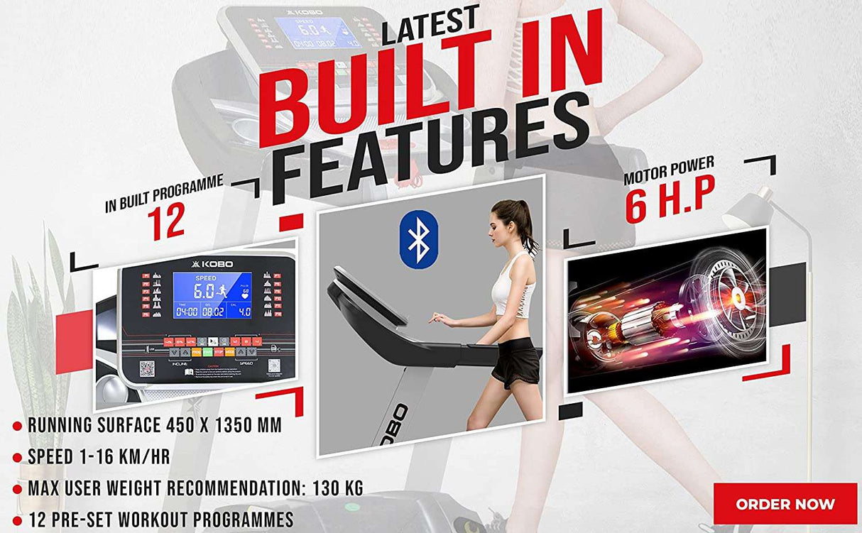 Kobo TM-319 3 HP – 6 HP Peak DC Motorised Treadmill for Home Use with Bluetooth Connectivity APP, Free Installation Assistance