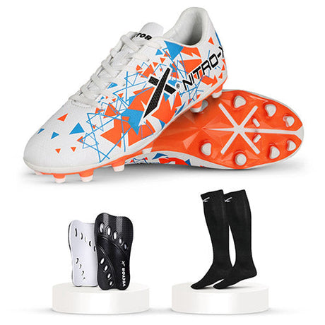 Vector X Mens Nitro-X Synthetic Leather Upper|TPU Sole Football Soccer Shoes/Studs with Socks & Shinguard Combo Walking|Lace-Up|Comfortable Sports Footwear Shoe for Adult, Men Boys