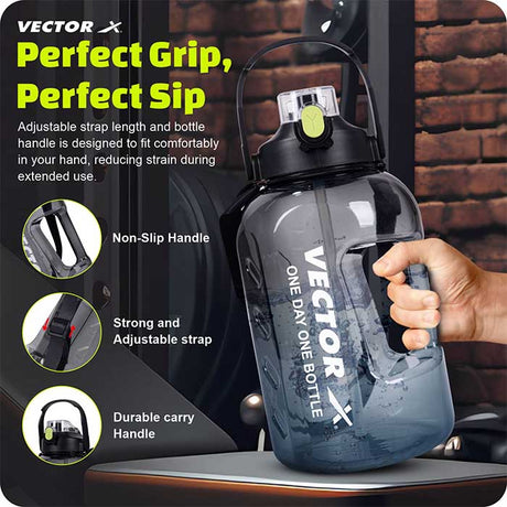 Vector X 1 Day 1 Bottle Gallon Plastic Large 3 Ltr Water Jug- with Time Marker|Non Slip Handle|Strong and Adjustable Strap|Durable Carry Handle| Reusable Gym Sports Outdoor|BPA-Free, Unbreakable, Freezer Safe (Black)