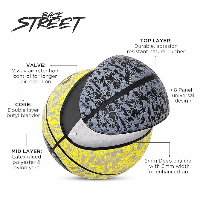 AIVIN Back Street Basketball, Rubberized Moulded Basketball Game, for Match, Training, Outdoor Ball, Durable for Practice, Suitable for All Surface, 8 Panel, Material-Rubber (Yellow/Black) Size 7
