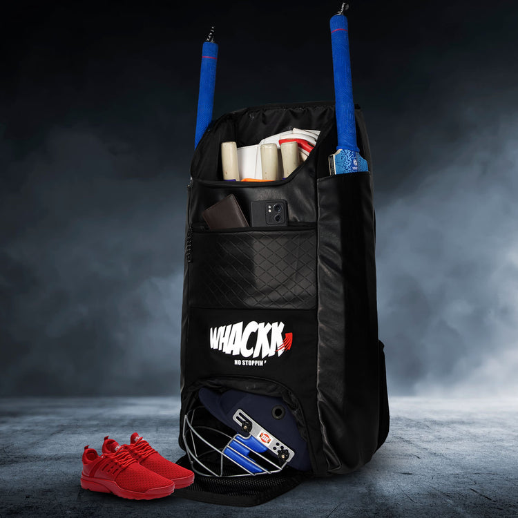 Lara Blk 72L | Premium Artificial Vegan Faux Leather Cricket Backpack|KitBag|Adult Size|2 Bat Pocket|Shoe/Helmet Pocket|Fit 18" Leg Pad 2 Bottle Holder|Easy Access|Player Senior,Black