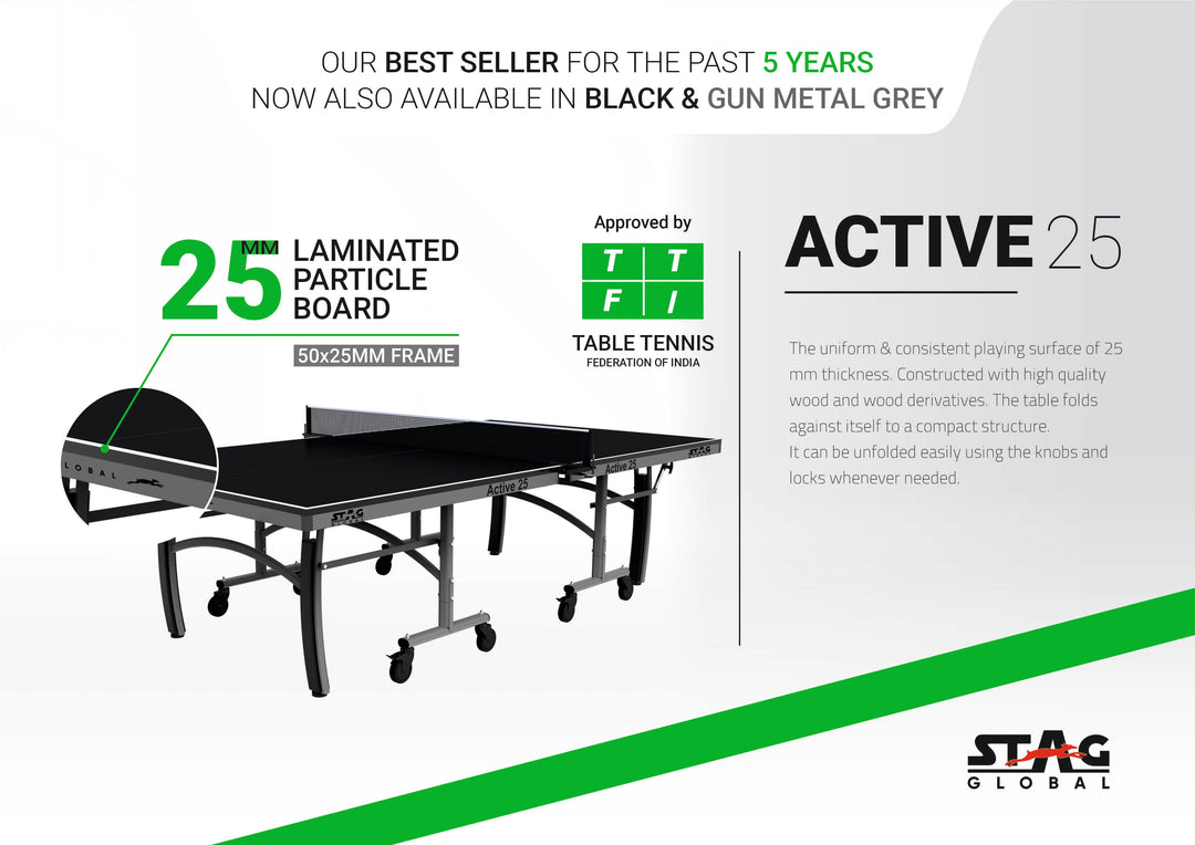 STAG GLOBAL Active Series Table Tennis Table (2025 Model) With 2 Racket, 6 Balls, Clamp Net, 1 Cover