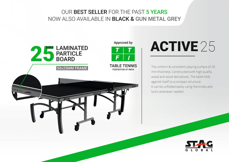 STAG GLOBAL Active Series Table Tennis Table (2025 Model) With 2 Racket, 6 Balls, Clamp Net, 1 Cover