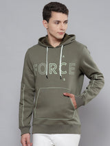 Alcis Men Olive Green & White Printed Hooded Sweatshirt