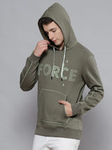 Alcis Men Olive Green & White Printed Hooded Sweatshirt