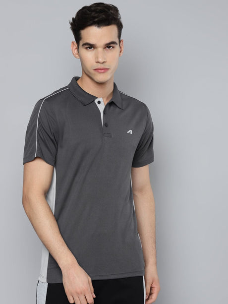 Alcis Men Charcoal White Polo Collar Slim Fit Training or Gym T-shirt | Alcis