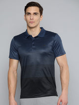 Alcis Men Navy Blue Black Printed Polo Collar Slim Fit Running T-shirt
