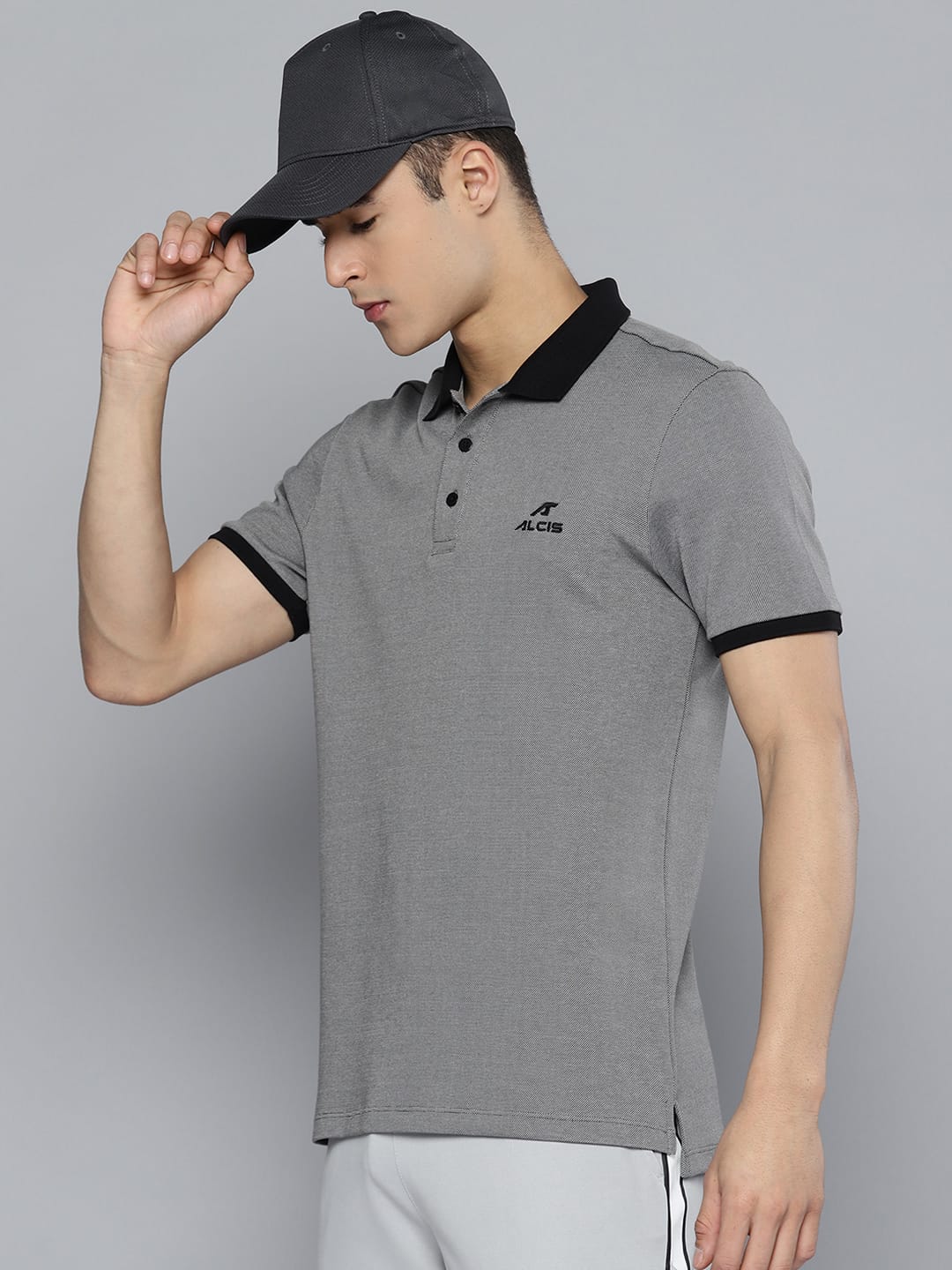 Alcis Men Grey Black Polo Collar T-shirt