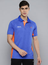 Alcis Men's Blue Orange Colourblocked Indian Cricket Team Polo Collar T-shirt
