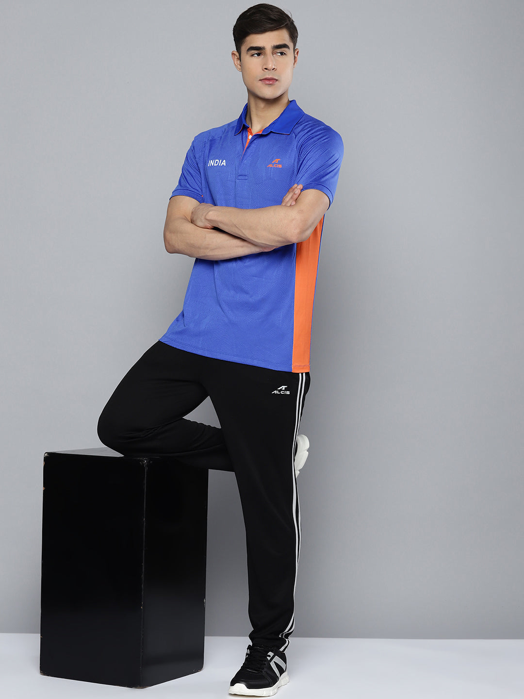 Alcis Men's Blue Orange Colourblocked Indian Cricket Team Polo Collar T-shirt