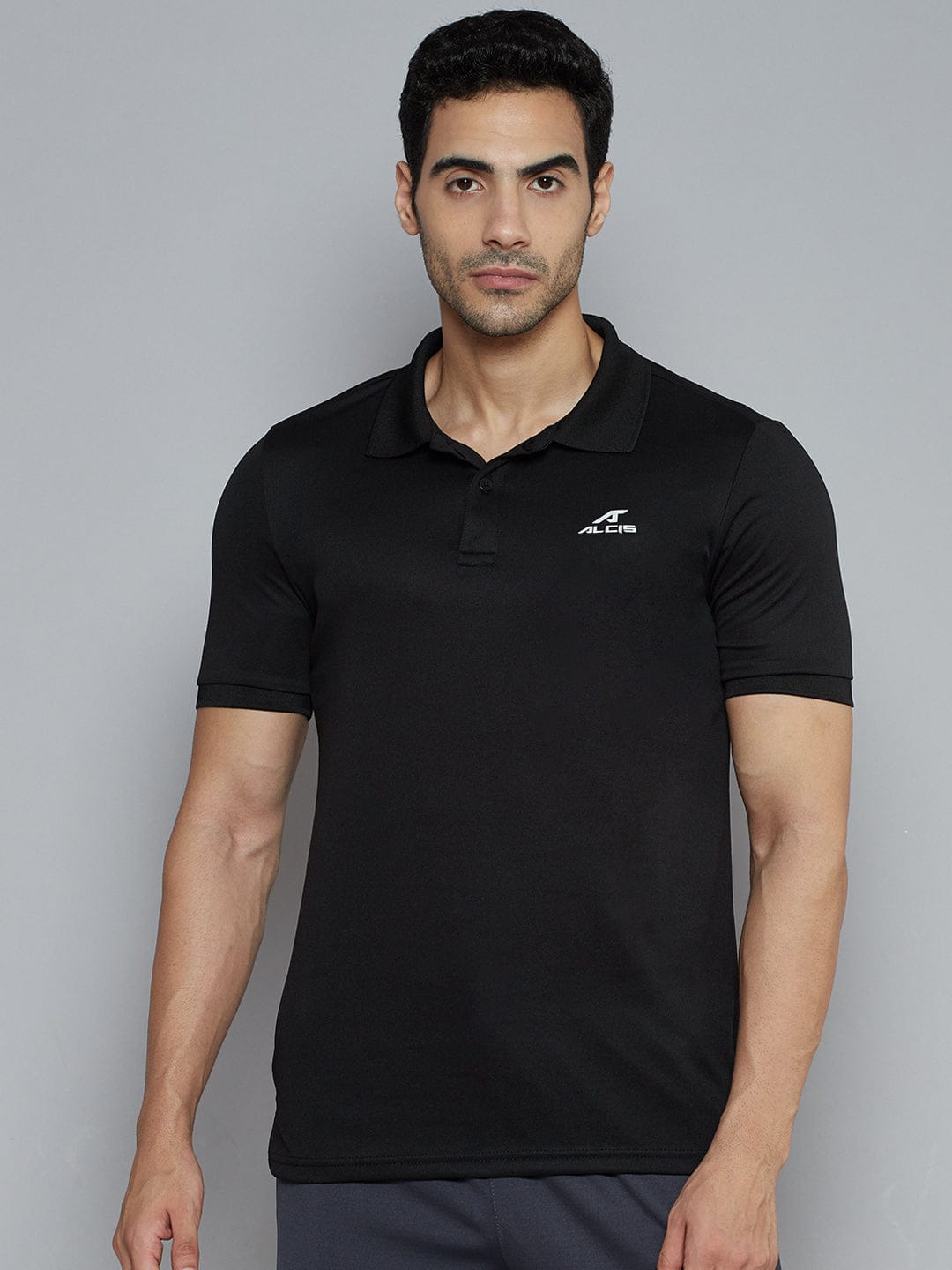 Alcis Men Black Solid Polo Collar Slim Fit Wonder T-shirt