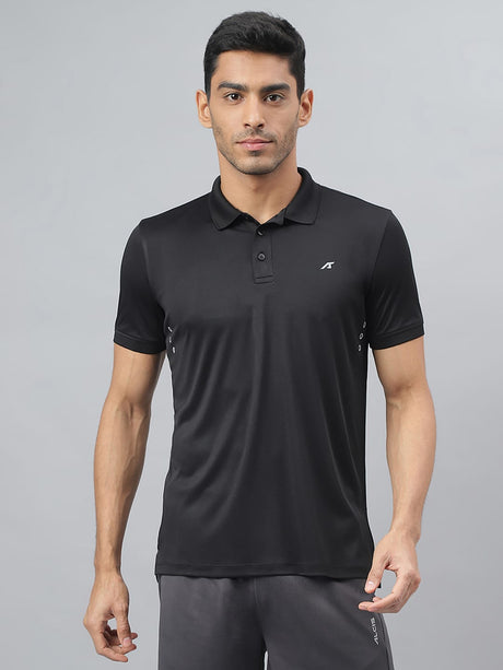 Alcis Men Black Drytech+ Anti-Static Slim-Fit Running Polo T-Shirt