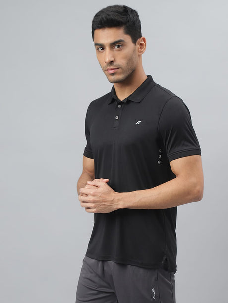 Alcis Men Black Drytech+ Anti-Static Slim-Fit Running Polo T-Shirt
