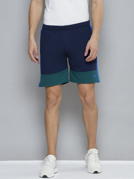 Alcis Men Navy Blue Green Colourblocked Slim Fit Training or Gym Sports Shorts | Alcis