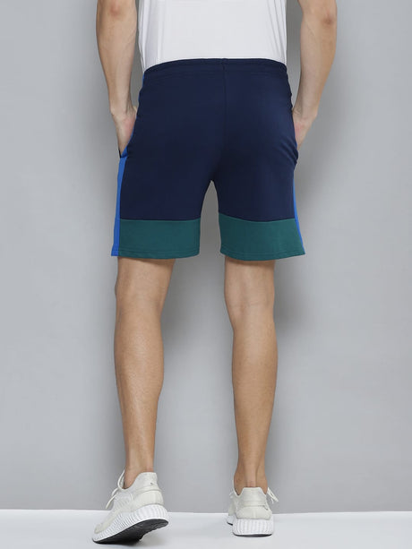 Alcis Men Navy Blue Green Colourblocked Slim Fit Training or Gym Sports Shorts | Alcis