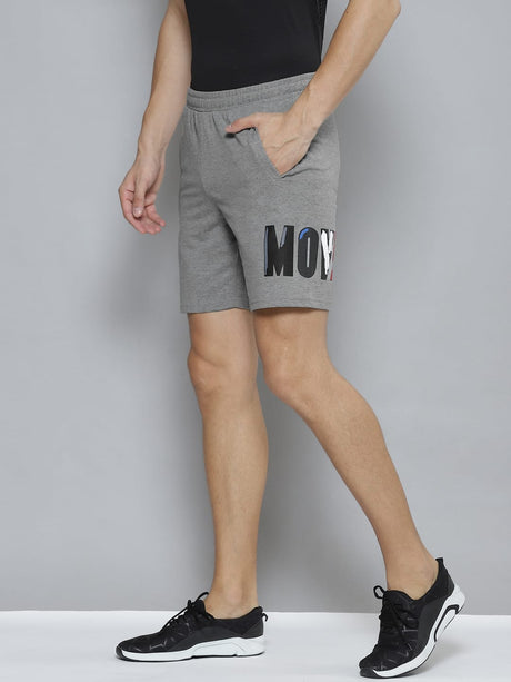 Alcis Men Grey Melange Typography Printed Slim Fit Training or Gym Sports Shorts | Alcis