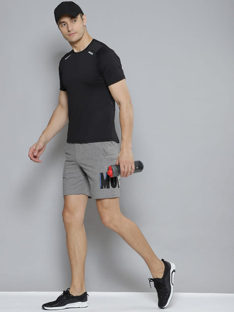 Alcis Men Grey Melange Typography Printed Slim Fit Training or Gym Sports Shorts | Alcis