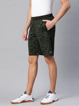 Alcis Men Olive Green Printed Slim Fit Training or Gym Sports Shorts