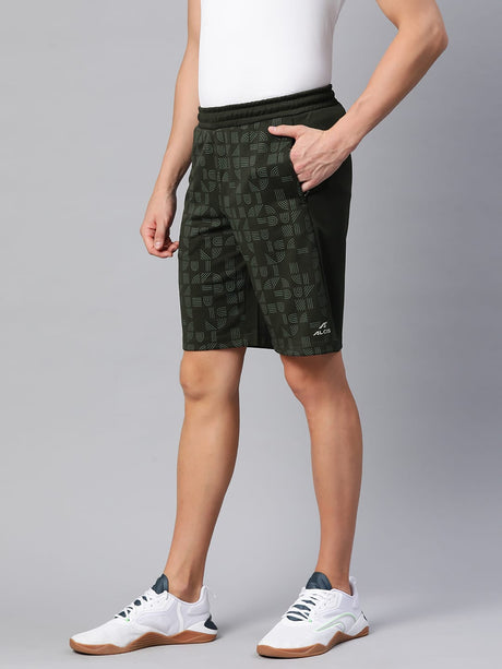 Alcis Men Olive Green Printed Slim Fit Training or Gym Sports Shorts