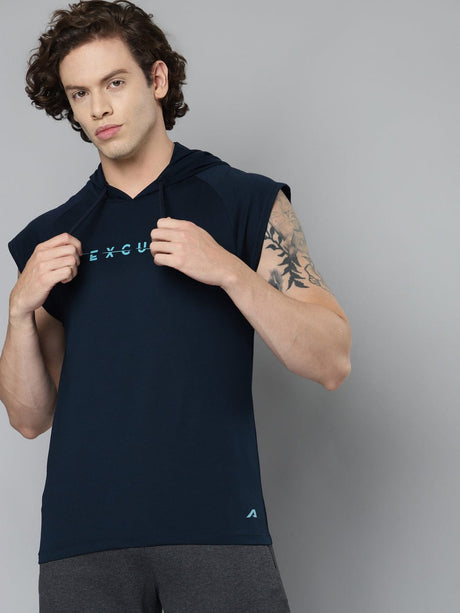 Alcis Men Navy Blue Typography Printed Slim Fit Running Vest | Alcis