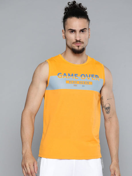 Alcis Men Mustard Yellow Typography Printed Slim Fit Gym T-shirt | Alcis