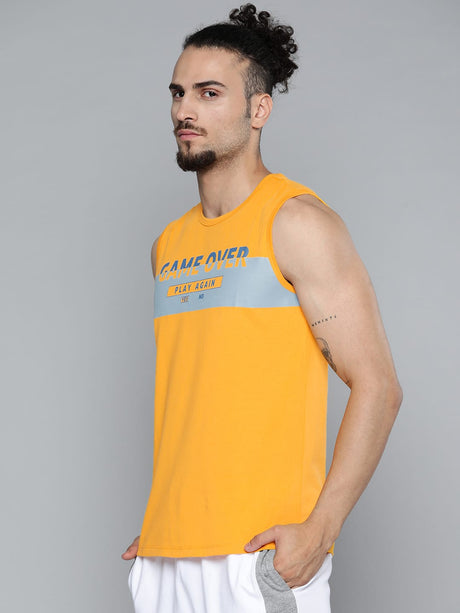 Alcis Men Mustard Yellow Typography Printed Slim Fit Gym T-shirt | Alcis