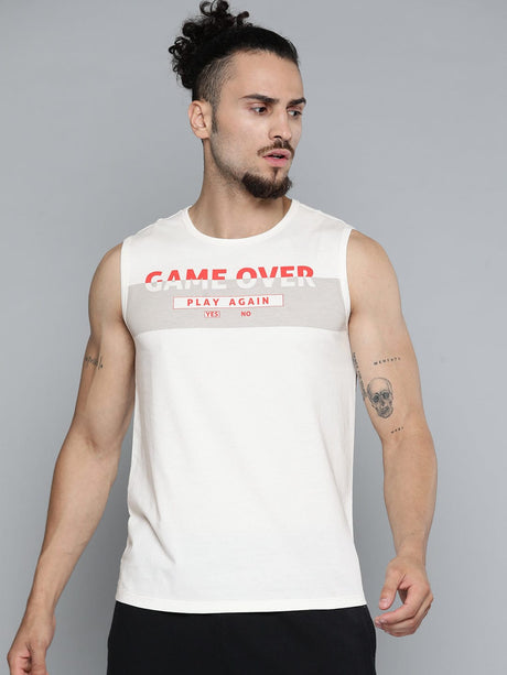 Alcis Men Off White Typography Printed Slim Fit Gym T-shirt | Alcis