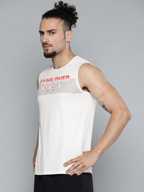 Alcis Men Off White Typography Printed Slim Fit Gym T-shirt | Alcis