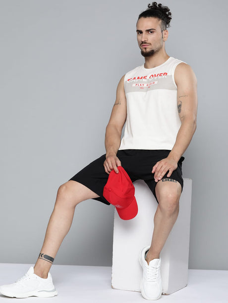 Alcis Men Off White Typography Printed Slim Fit Gym T-shirt | Alcis