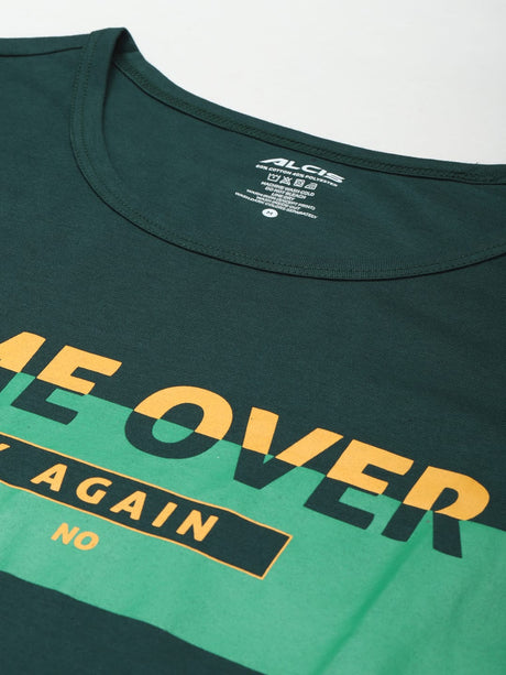 Alcis Men Green Typography Printed Slim Fit Running T-shirt | Alcis