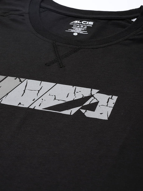 Alcis Men Black Grey Printed Slim Fit Training or Gym T-shirt | Alcis