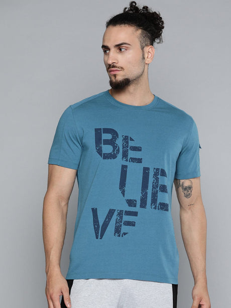 Alcis Men Teal Blue Typography Printed Slim Fit Gym T-shirt | Alcis