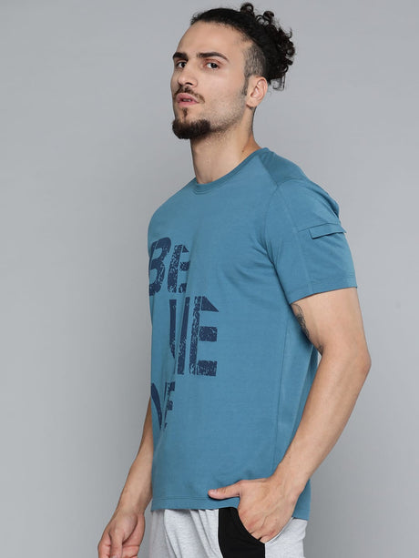 Alcis Men Teal Blue Typography Printed Slim Fit Gym T-shirt | Alcis