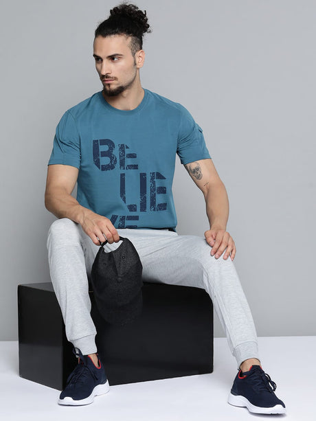 Alcis Men Teal Blue Typography Printed Slim Fit Gym T-shirt | Alcis