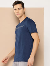 Alcis Men Navy Blue Typography Printed Anti Static Slim Fit Sports T-shirt