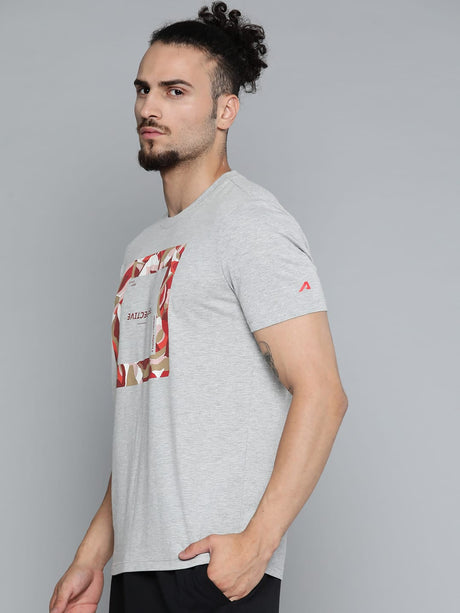 Alcis Men Grey Melange Typography Printed Slim Fit Gym T-shirt | Alcis