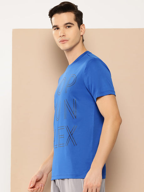 Alcis Men Blue Black Typography Printed Slim Fit Training or Gym T-shirt | Alcis