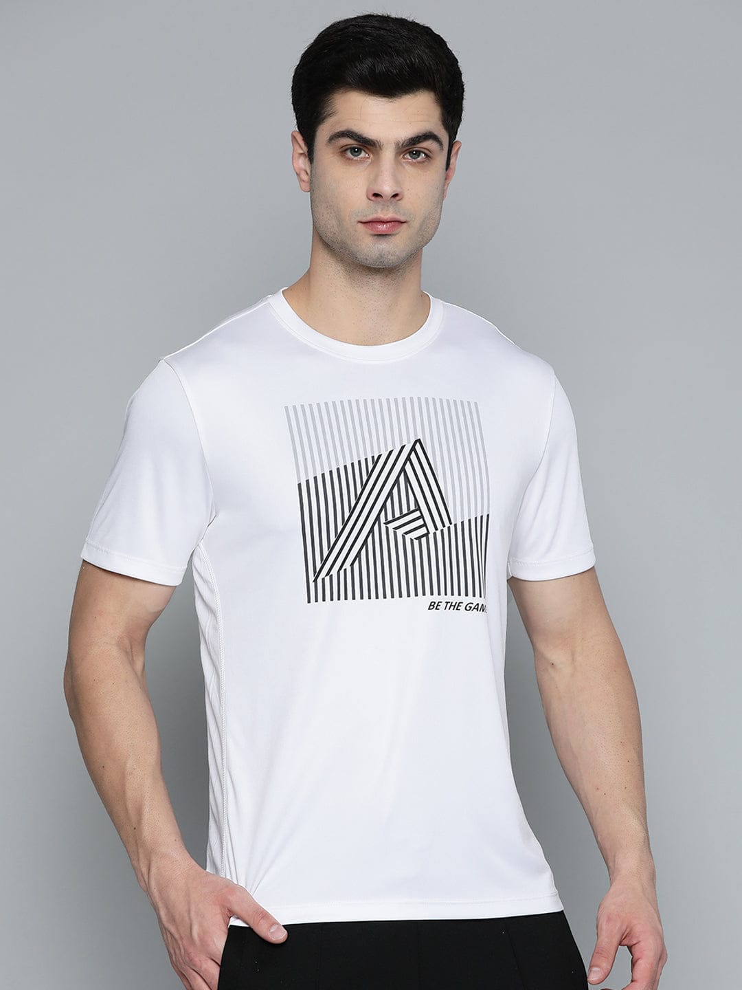 Alcis Men White Black Typography Striped T-shirt