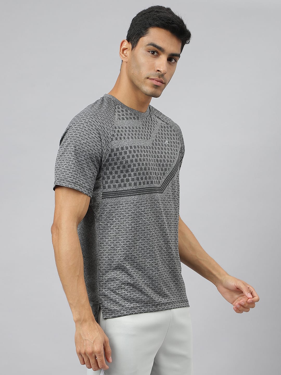 Alcis Men Black Heather Anti-Static Slim-Fit Round Neck Distance Running T-Shirt