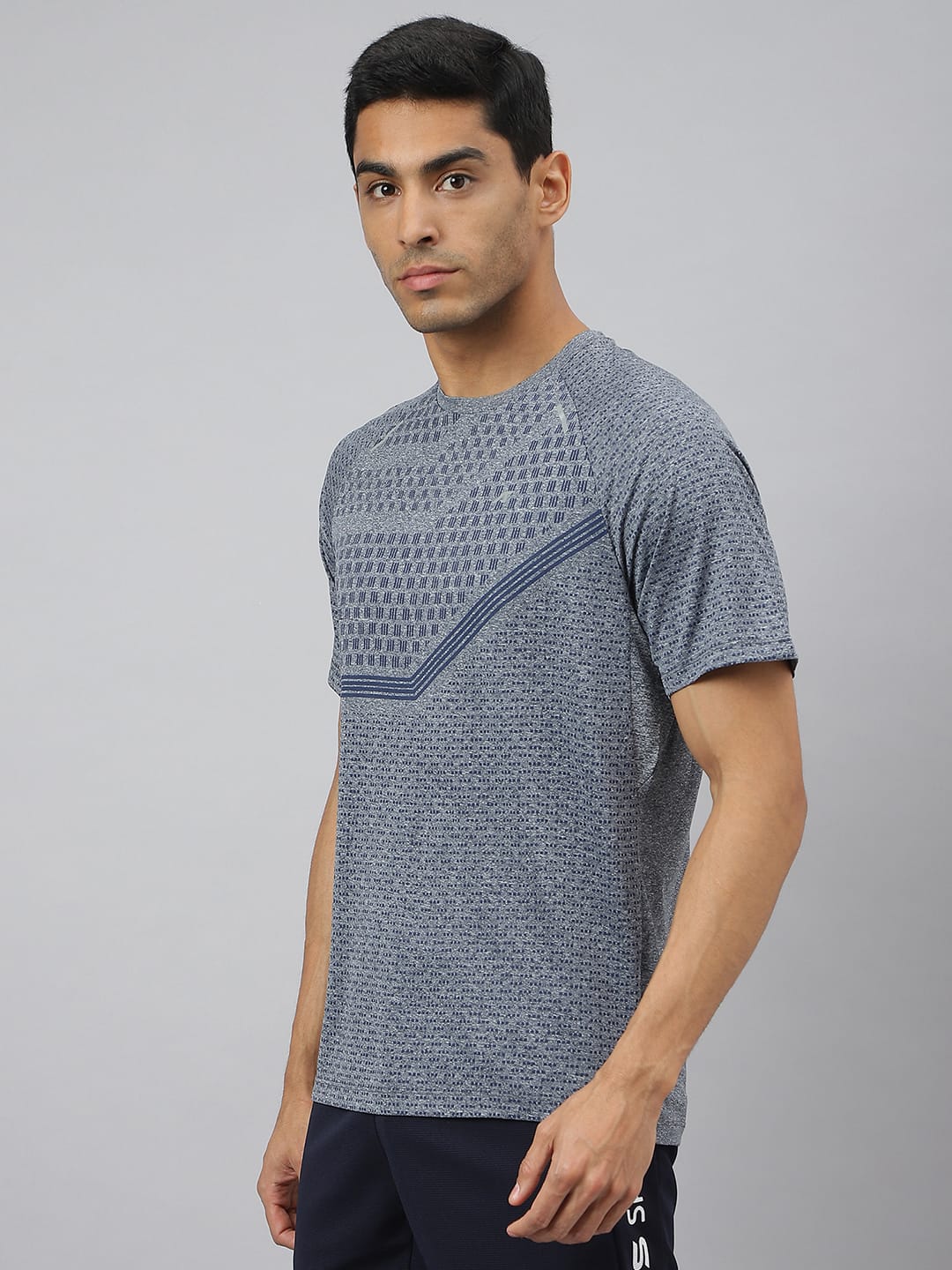 Alcis Men Navy Heather Anti-Static Slim-Fit Round Neck Distance Running T-Shirt