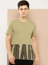 Alcis Men Khaki Typography Printed Dry Tech Slim Fit Sports T-shirt