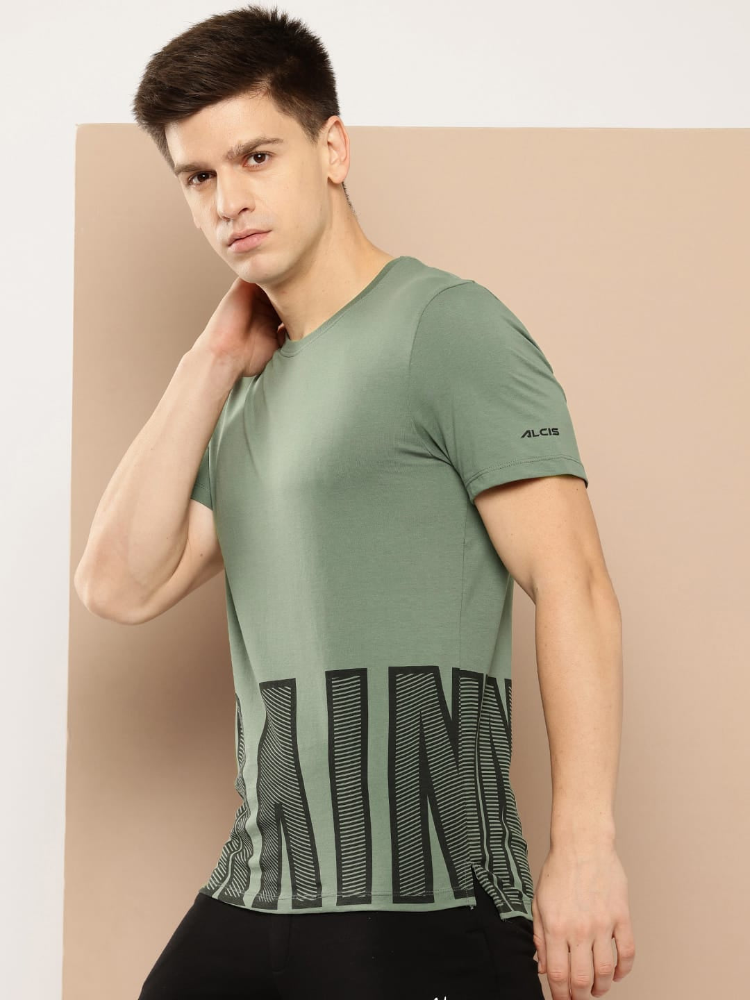 Alcis Men Green Black Typography Printed Dry Tech Slim Fit Sports T-shirt