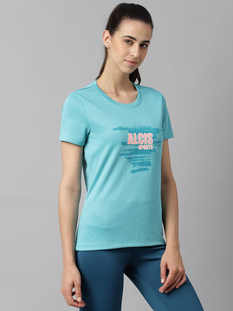 Alcis Women Printed Sea Green Anti-Static Slim-Fit Round Neck Training T-Shirt
