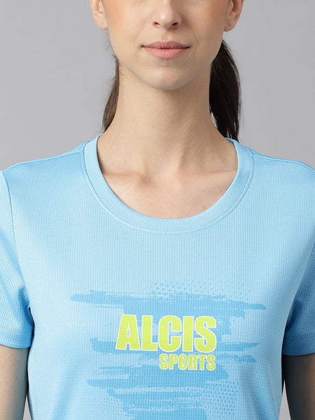 Alcis Women Printed Blue Anti-Static Slim-Fit Round Neck Training T-Shirt