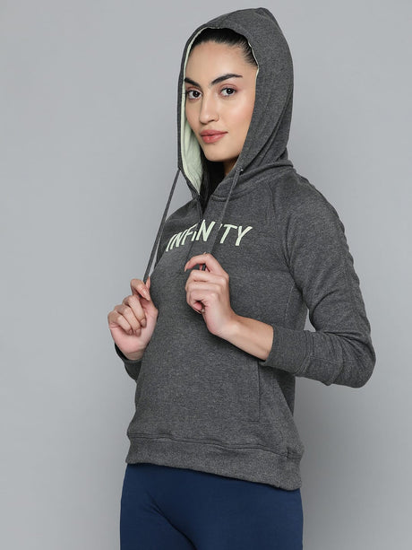 Alcis Women Charcoal Grey White Typography Printed Hooded Sweatshirt