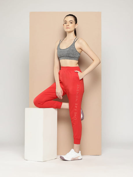 Alcis Women Coral Red Slim Fit Cropped Running Joggers | Alcis